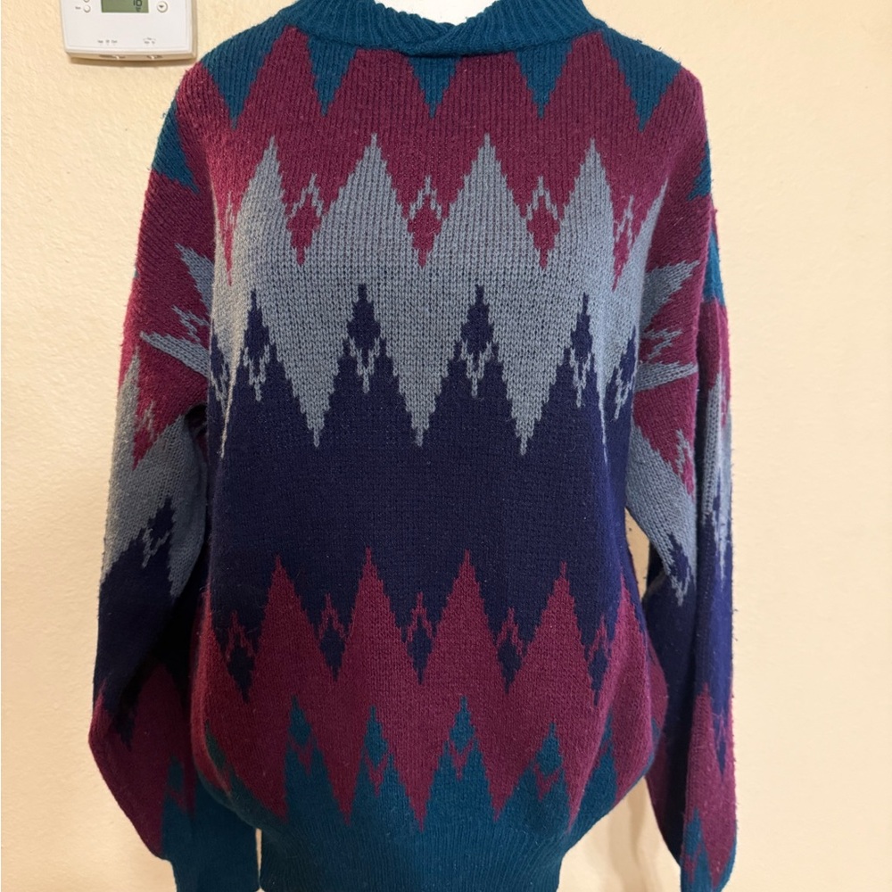 Vintage Benetton Italy Colorful Geometric Shetland Wool Aztec Knitted Designer